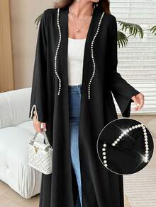 Yasmyna Pearl Decorated Cuff Split Hem Black Abaya Saudi National Day Going Out Black Fall/Winter - Black - View 6