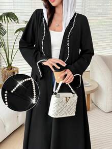 Yasmyna Pearl Decorated Cuff Split Hem Black Abaya Saudi National Day Going Out Black Fall/Winter - Black - View 4