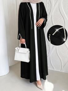 Yasmyna Pearl Decorated Cuff Split Hem Black Abaya Saudi National Day Going Out Black Fall/Winter - Black - View 2