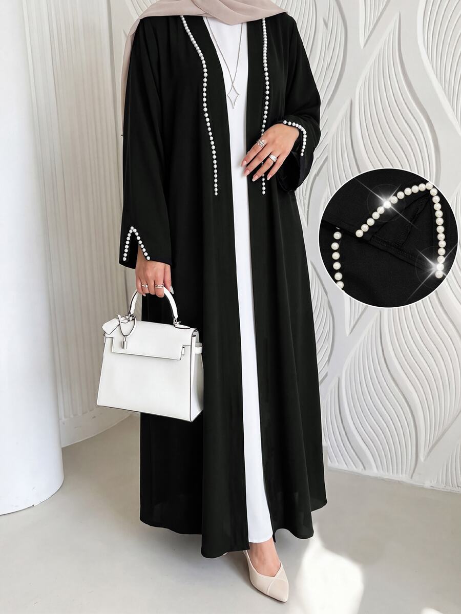 Yasmyna Pearl Decorated Cuff Split Hem Black Abaya Saudi National Day Going Out Black Fall/Winter
