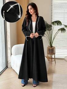Yasmyna Pearl Decorated Cuff Split Hem Black Abaya Saudi National Day Going Out Black Fall/Winter - Black - View 5