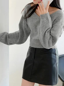 DAZY Solid Color Fitted Short V-Neck Long Sleeve Casual Vacation Autumn/Winter Knit Sweater For Women School - Grey - View 5