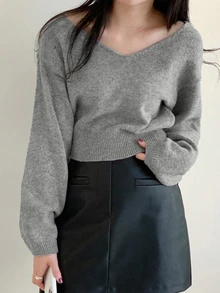 DAZY Solid Color Fitted Short V-Neck Long Sleeve Casual Vacation Autumn/Winter Knit Sweater For Women School - Grey - View 8