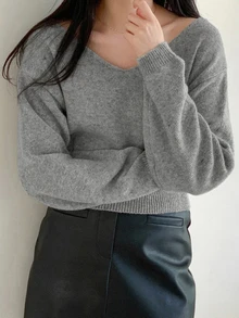 DAZY Solid Color Fitted Short V-Neck Long Sleeve Casual Vacation Autumn/Winter Knit Sweater For Women School - Grey - View 6