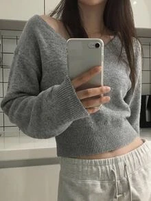 DAZY Solid Color Fitted Short V-Neck Long Sleeve Casual Vacation Autumn/Winter Knit Sweater For Women School - Grey - View 7