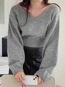 DAZY Solid Color Fitted Short V-Neck Long Sleeve Casual Vacation Autumn/Winter Knit Sweater For Women School - Grey - View 1