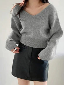DAZY Solid Color Fitted Short V-Neck Long Sleeve Casual Vacation Autumn/Winter Knit Sweater For Women School - Grey - View 2