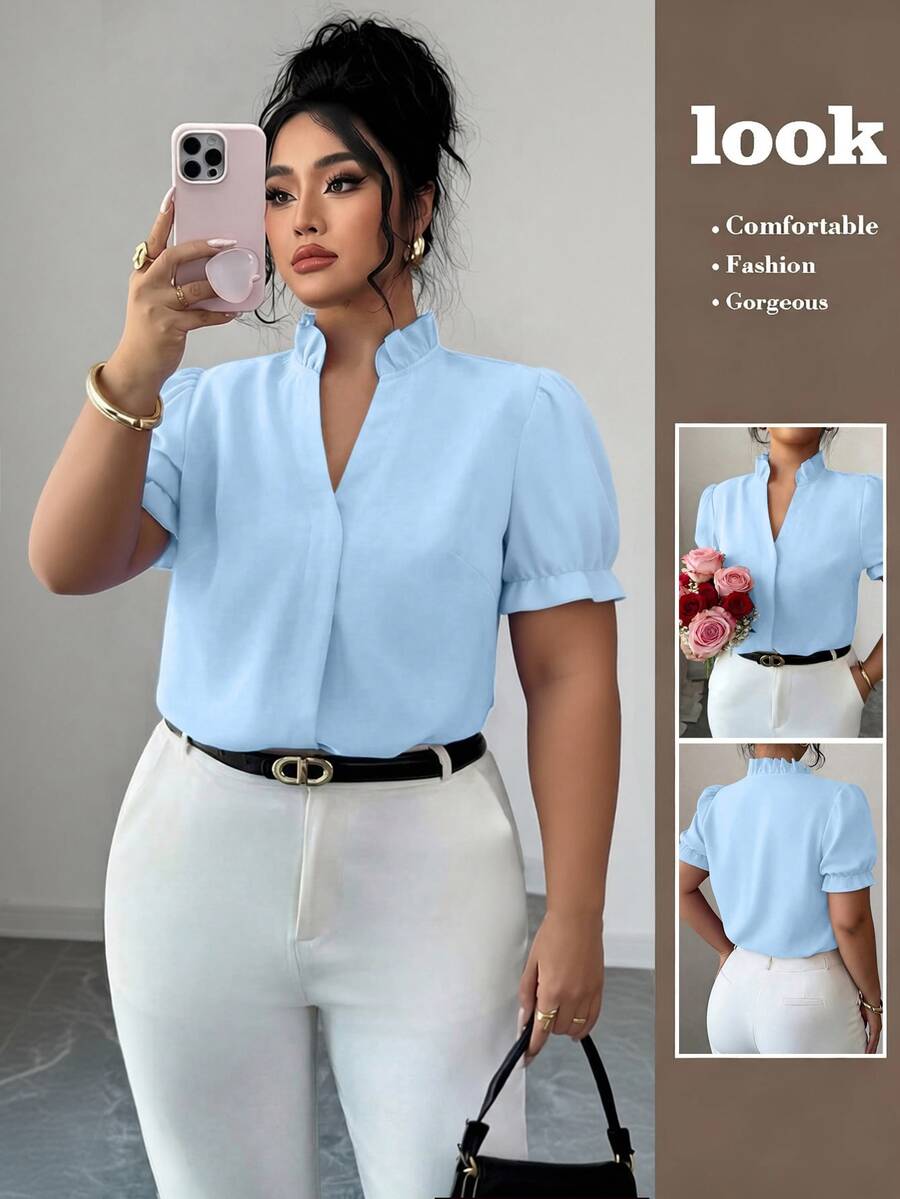Elenzga Plus Size Elegant Solid Color Turndown Collar Blouse For Commuting - Blue - View 1