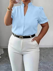 Elenzga Plus Size Elegant Solid Color Turndown Collar Blouse For Commuting - Blue - View 3