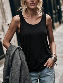 Elafinee 女士时尚露背无袖黑色背心，休闲大号 U 领背心 - 黑色 - 查看 2