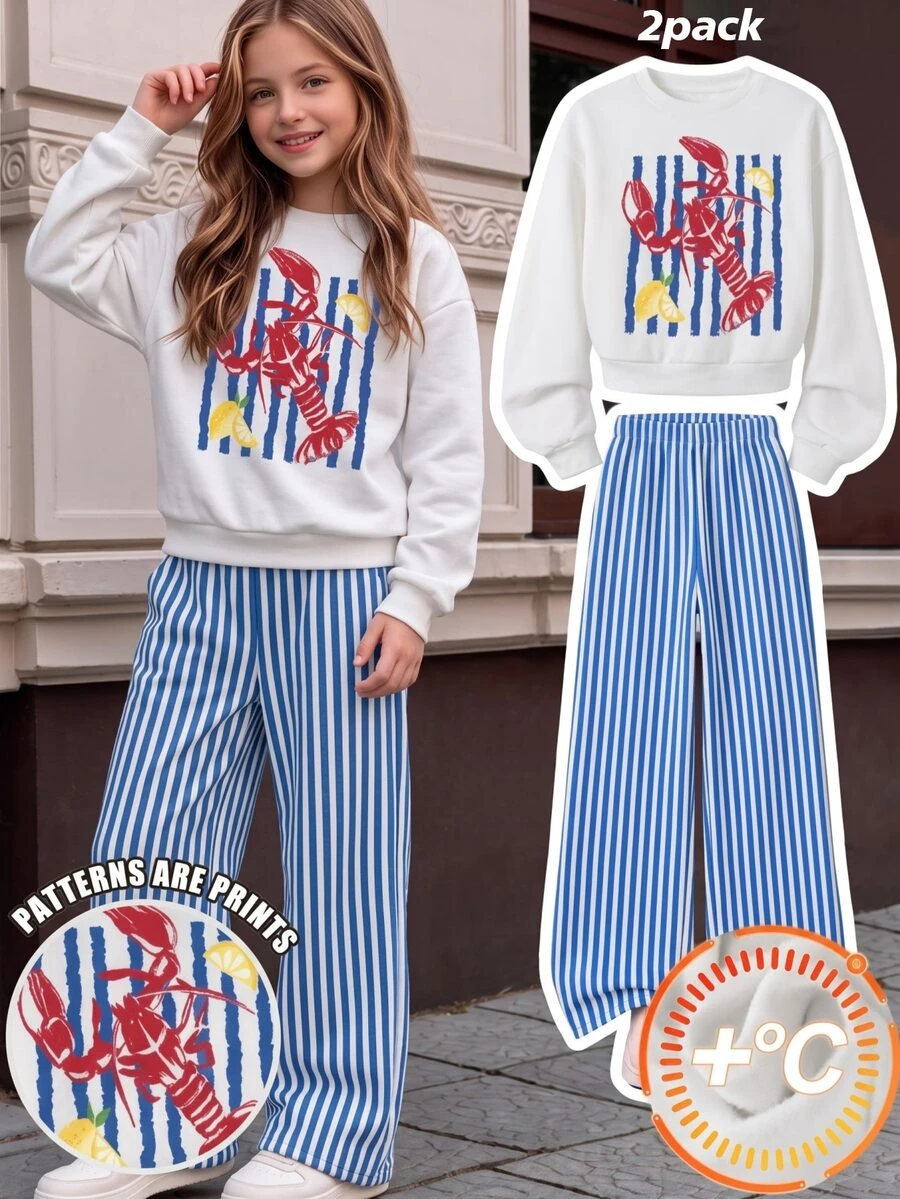 SHEIN Tween Girls T-Shirt Set, Light Gray, Short Sleeve Top + Long Pants 2 Pieces Set, Loose Fit, Warm For Autumn/Winter, Fashionable Versatile, Casual, Collar, Round Neck, Daily Wear, Cute, Print, Bow, Comfortable, Striped - Multicolor - View 1