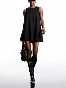 LYSMO 2025 New Arrival Women's Round Neck Sleeveless A-Line Textured Jacquard Fabric Mini Dress Casual Modest City Break Vacation Black Autumn - Black - View 6
