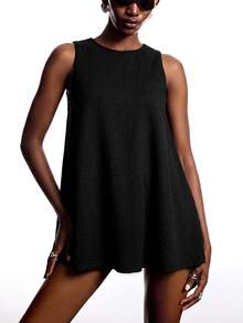 LYSMO 2025 New Arrival Women's Round Neck Sleeveless A-Line Textured Jacquard Fabric Mini Dress Casual Modest City Break Vacation Black Autumn - Black - View 4