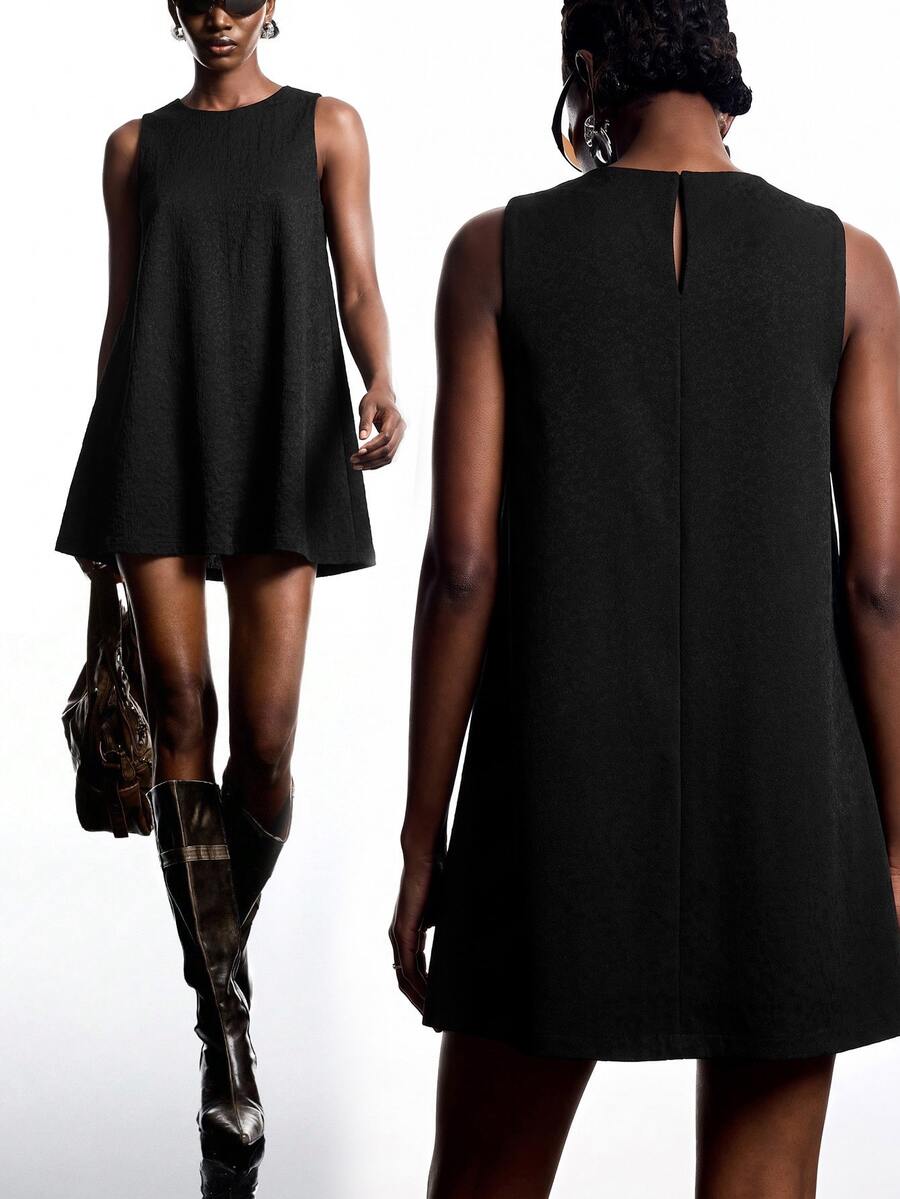 LYSMO 2025 New Arrival Women's Round Neck Sleeveless A-Line Textured Jacquard Fabric Mini Dress Casual Modest City Break Vacation Black Autumn - Black - View 1