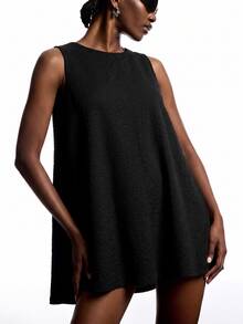 LYSMO 2025 New Arrival Women's Round Neck Sleeveless A-Line Textured Jacquard Fabric Mini Dress Casual Modest City Break Vacation Black Autumn - Black - View 5