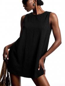LYSMO 2025 New Arrival Women's Round Neck Sleeveless A-Line Textured Jacquard Fabric Mini Dress Casual Modest City Break Vacation Black Autumn - Black - View 2