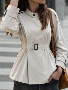 Louniche Women's Autumn/Winter Street Style Casual Dating Outing Daily Versatile Design Contrast Color Button Short Trench Coat Jacket - Light Grey - View 3
