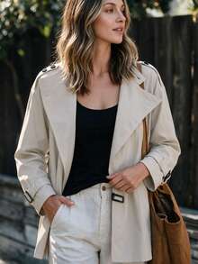 Louniche Women's Autumn/Winter Street Style Casual Dating Outing Daily Versatile Design Contrast Color Button Short Trench Coat Jacket - Light Grey - View 4