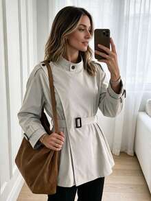 Louniche Women's Autumn/Winter Street Style Casual Dating Outing Daily Versatile Design Contrast Color Button Short Trench Coat Jacket - Light Grey - View 1