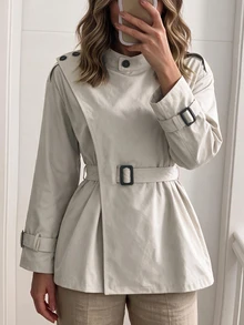 Louniche Women's Autumn/Winter Street Style Casual Dating Outing Daily Versatile Design Contrast Color Button Short Trench Coat Jacket - Light Grey - View 6