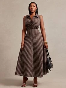 Radiana Curve Plus Size Women's Striped Casual Party & Travel Dress - Brown - View 4