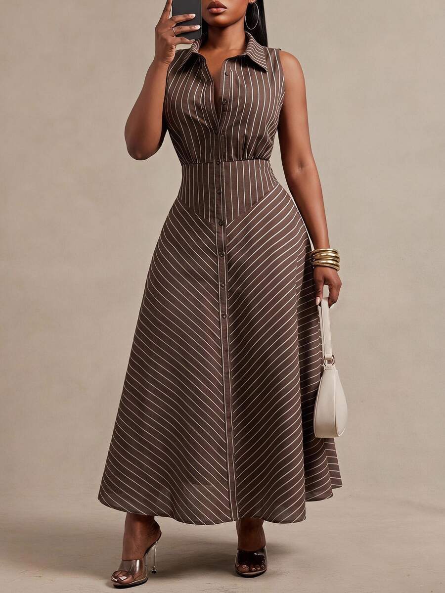 Radiana Curve Plus Size Women's Striped Casual Party & Travel Dress - Brown - View 1