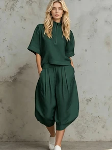 SHEIN 女款高級質感面料立領上衣 & 寬腿燈籠褲套裝，冷色調優雅白色亞麻收腰七分褲套裝，女款度假兩件套，女款白色兩件套 - 軍綠色 - 查看 1