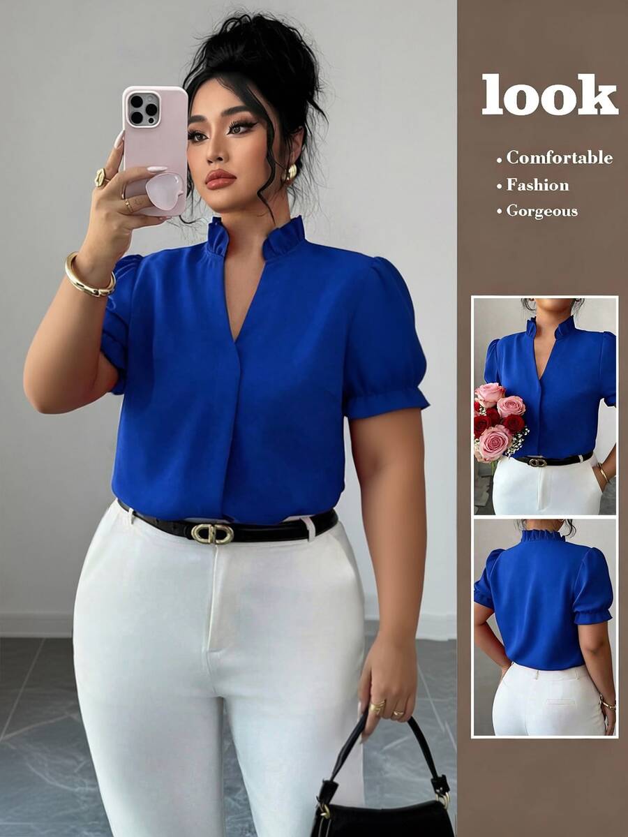 Elenzga Plus Size Premium Elegant Commuter Solid Color Turn Collar Blouse - Royal Blue - View 1