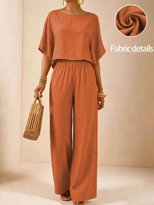 SHEIN LUNE CURVE Setelan 2 Potong Ukuran Plus: Atasan Crop Longgar Lengan Kelelawar Leher Bulat Lebar dan Celana Panjang Lebar, Warna Oranye untuk Liburan Musim Panas, Bentuk Lembut dan Sopan untuk Musim Gugur. - Burnt Orange - View 2