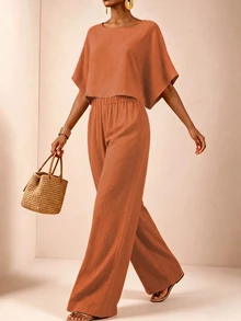 SHEIN LUNE CURVE Setelan 2 Potong Ukuran Plus: Atasan Crop Longgar Lengan Kelelawar Leher Bulat Lebar dan Celana Panjang Lebar, Warna Oranye untuk Liburan Musim Panas, Bentuk Lembut dan Sopan untuk Musim Gugur. - Burnt Orange - View 5