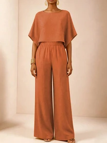 SHEIN LUNE CURVE Setelan 2 Potong Ukuran Plus: Atasan Crop Longgar Lengan Kelelawar Leher Bulat Lebar dan Celana Panjang Lebar, Warna Oranye untuk Liburan Musim Panas, Bentuk Lembut dan Sopan untuk Musim Gugur. - Burnt Orange - View 4