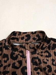 SHEIN 兒童青少年女孩黑白波點印花小立領拉鍊外套、細肩帶背心與單車短褲3件套 - 棕色 - 查看 6
