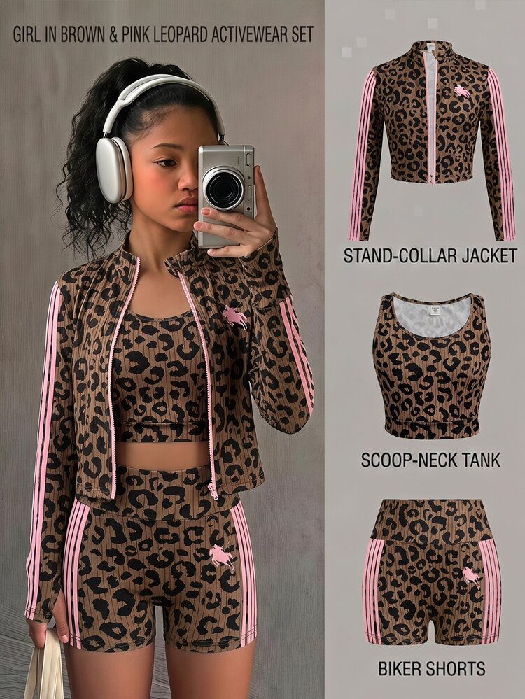 SHEIN Tween Girl Black White Polka Dots Print Mock Neck Zip-Up Jacket Camisole & Bike Shorts 3Pcs Set - Brown - View 16