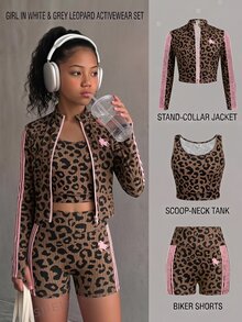SHEIN 兒童青少年女孩黑白波點印花小立領拉鍊外套、細肩帶背心與單車短褲3件套 - 棕色 - 查看 1