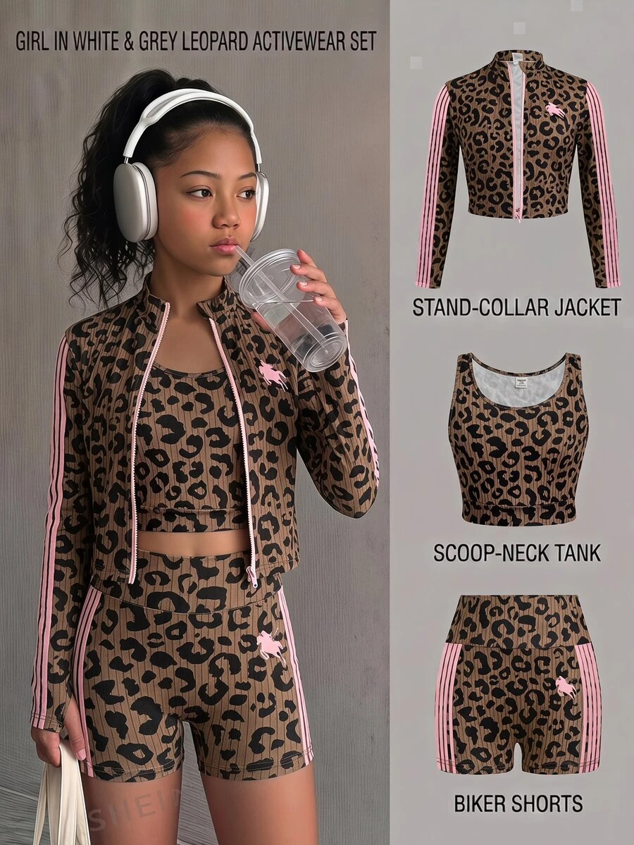 SHEIN 兒童青少年女孩黑白波點印花小立領拉鍊外套、細肩帶背心與單車短褲3件套 - 棕色 - 查看 1
