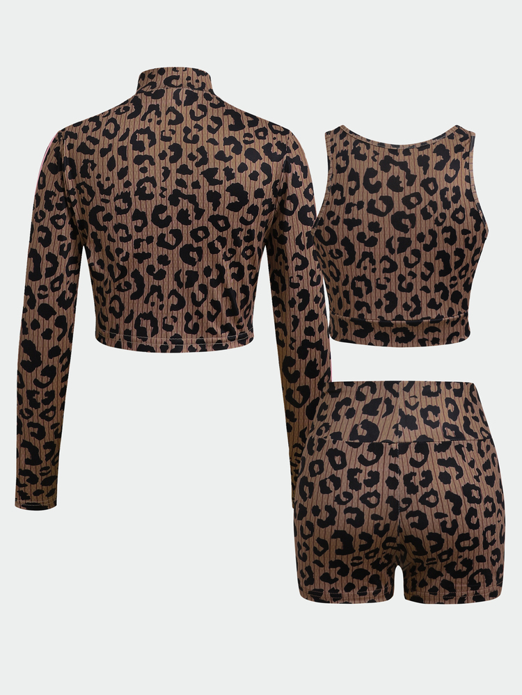 SHEIN Tween Girl Black White Polka Dots Print Mock Neck Zip-Up Jacket Camisole & Bike Shorts 3Pcs Set - Brown - View 4