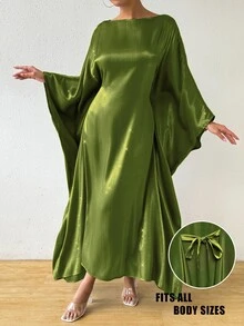 Rafferiza 女士圆领蝙蝠袖纯色宽松休闲度假连衣裙长款女装 - 綠色 - 查看 3