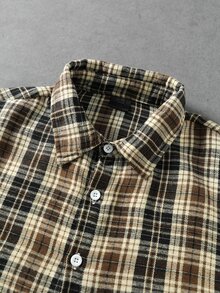 SUMWON Áo sơ mi dáng hộp dáng ngắn họa tiết kẻ caro tartan cổ điển, cổ nhọn, cài nút phía trước - Cà phê nâu - Xem 2