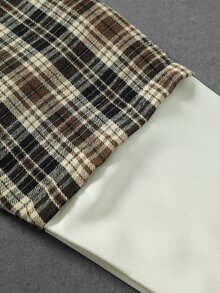 SUMWON Áo sơ mi dáng hộp dáng ngắn họa tiết kẻ caro tartan cổ điển, cổ nhọn, cài nút phía trước - Cà phê nâu - Xem 3