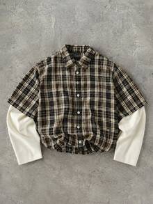 SUMWON Áo sơ mi dáng hộp dáng ngắn họa tiết kẻ caro tartan cổ điển, cổ nhọn, cài nút phía trước - Cà phê nâu - Xem 1