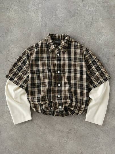 SUMWON Plaid Cropped Boxy Shirt With Button Front Closure And Point Collar In Classic Tartan Check Pattern