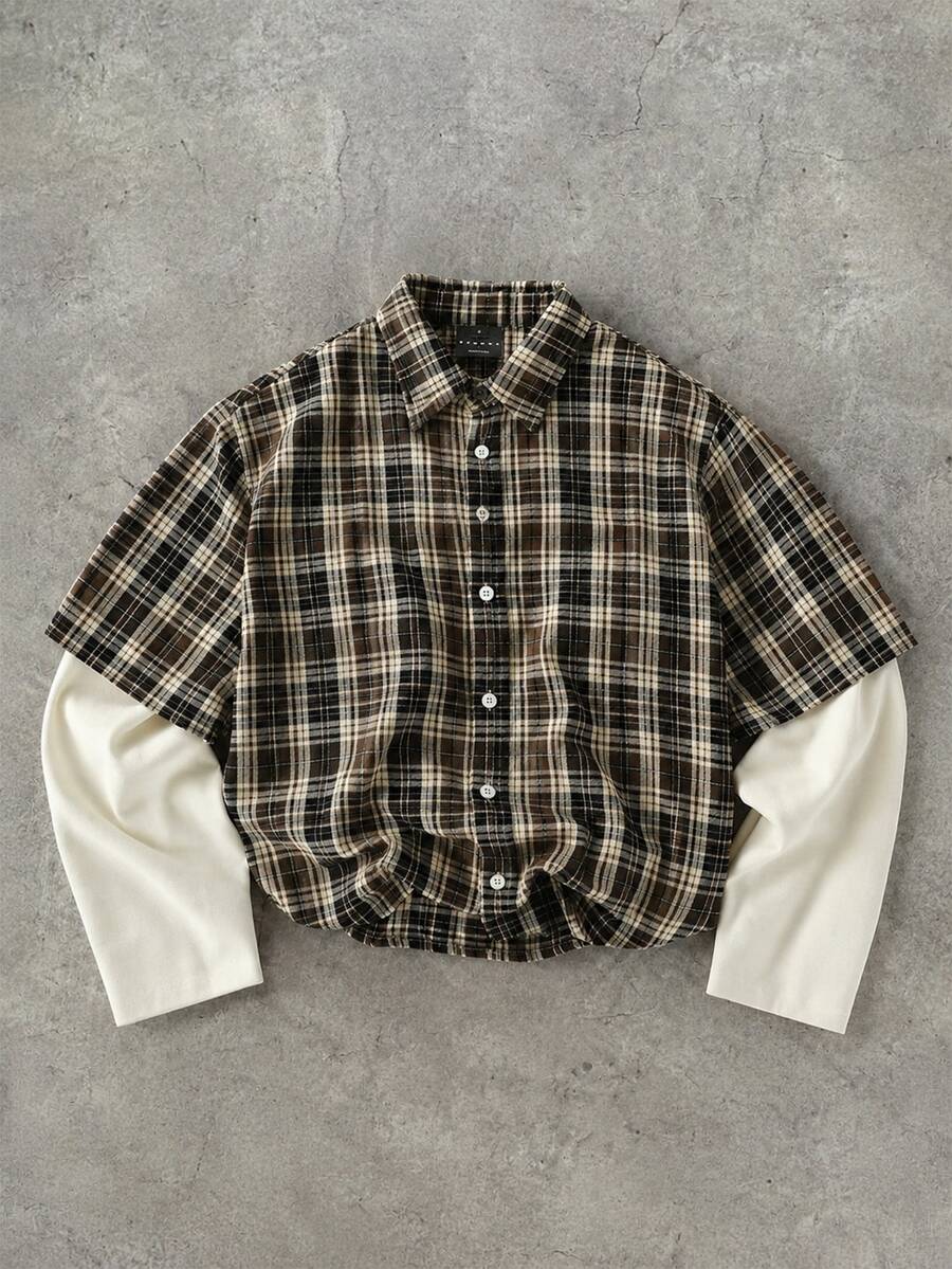 SUMWON Áo sơ mi dáng hộp dáng ngắn họa tiết kẻ caro tartan cổ điển, cổ nhọn, cài nút phía trước - Cà phê nâu - Xem 1