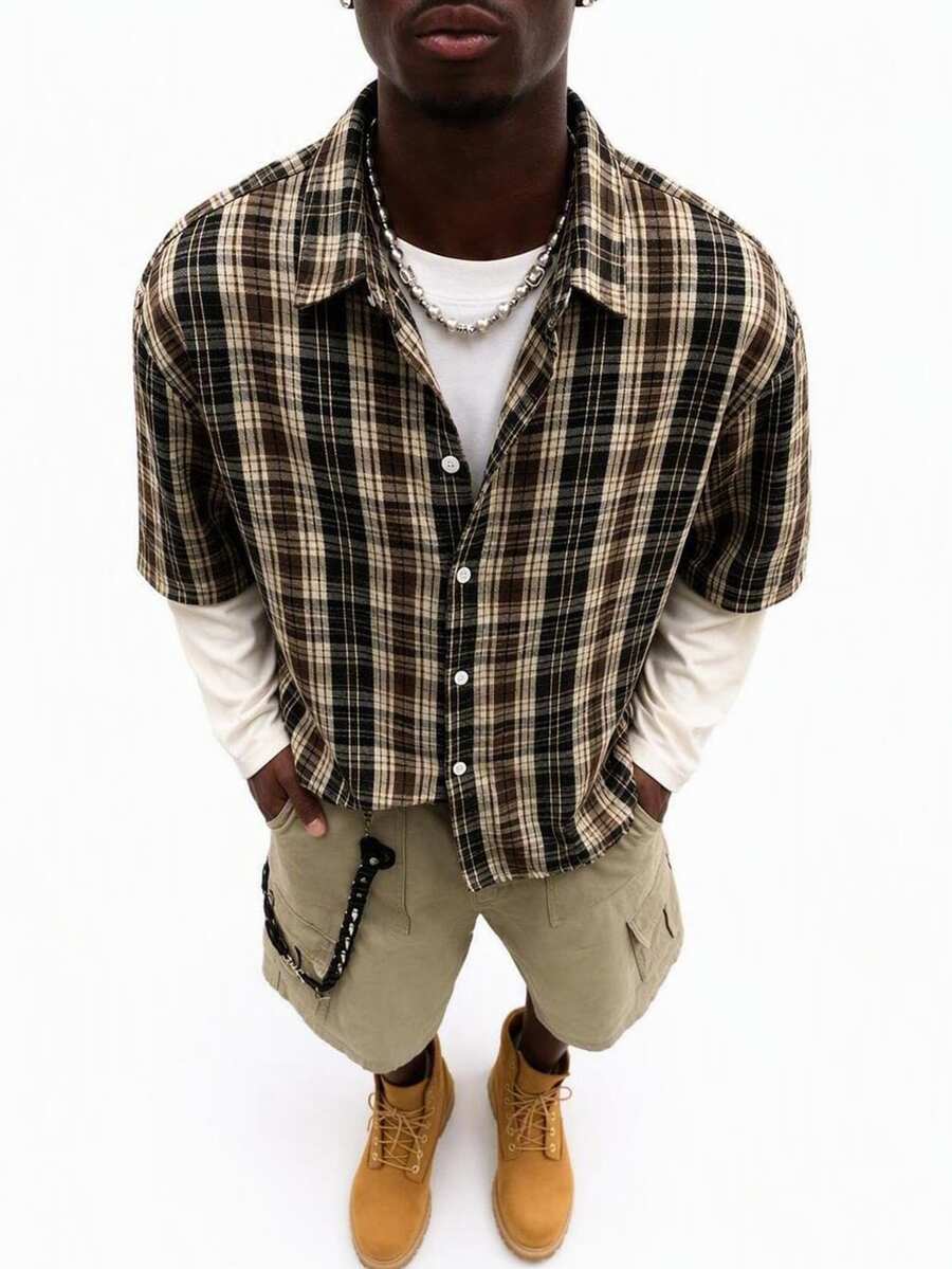 SUMWON Plaid Cropped Boxy Shirt With Button Front Closure And Point Collar In Classic Tartan Check Pattern - Coffee Brown - View 1