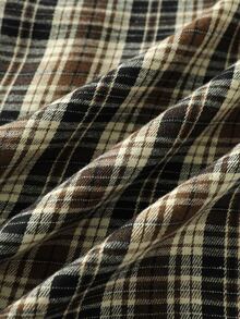 SUMWON Áo sơ mi dáng hộp dáng ngắn họa tiết kẻ caro tartan cổ điển, cổ nhọn, cài nút phía trước - Cà phê nâu - Xem 4
