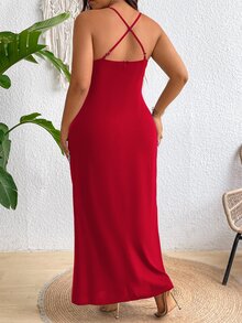 SHEIN Belle Plus Size Summer Holiday Solid Color Draped Neck Ruched Split Back Halter Dress Maxi Women Outfit - Red - View 2