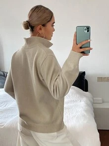 DAZY 女款寬鬆長袖刺繡圖案針織毛衣，翻領設計，休閒度假韓風日常秋冬款 - 卡其色 - 查看 5