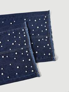 Sweetra French Sweet Mature Style Deep Blue Regular Waist Wide Leg Denim Jeans With Gradient Rhinestone Hem, Frayed Edge, Side Pockets, Straight Leg Long Pants - Dark Wash - View 6