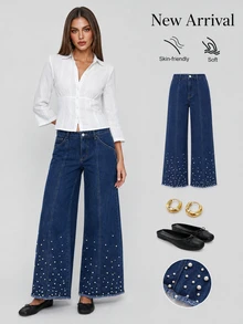 Sweetra French Sweet Mature Style Deep Blue Regular Waist Wide Leg Denim Jeans With Gradient Rhinestone Hem, Frayed Edge, Side Pockets, Straight Leg Long Pants - Dark Wash - View 3