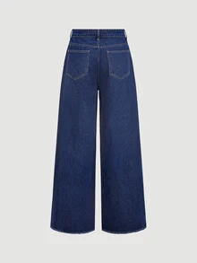 Sweetra French Sweet Mature Style Deep Blue Regular Waist Wide Leg Denim Jeans With Gradient Rhinestone Hem, Frayed Edge, Side Pockets, Straight Leg Long Pants - Dark Wash - View 2