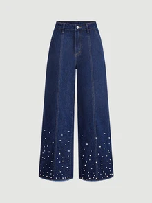 Sweetra French Sweet Mature Style Deep Blue Regular Waist Wide Leg Denim Jeans With Gradient Rhinestone Hem, Frayed Edge, Side Pockets, Straight Leg Long Pants - Dark Wash - View 7